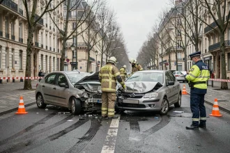 Scène d'accident de la route à Rennes avec véhicules accidentés, pompiers et forces de l'ordre sur place
