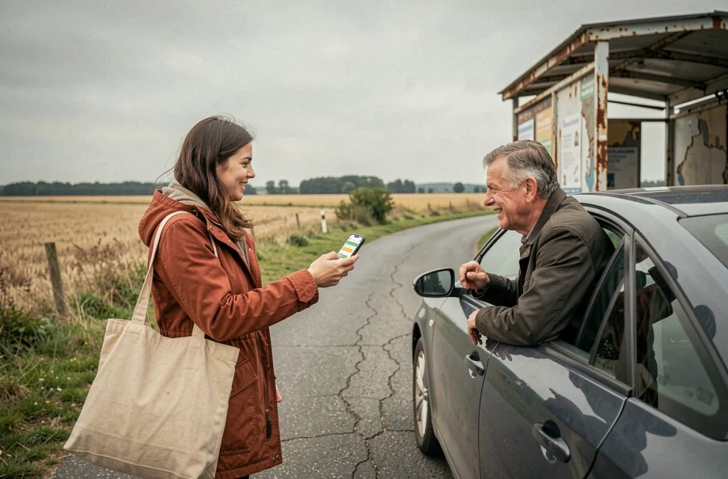 Jeune femme montrant une application de covoiturage sur son téléphone à un conducteur en zone rurale