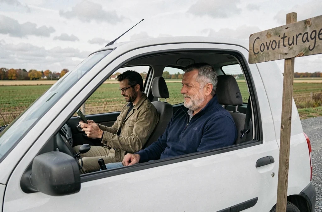 Deux hommes dans une voiture à un arrêt de covoiturage rural avec panneau artisanal en bois