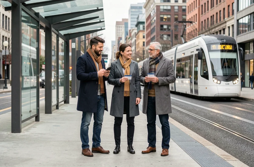 Groupe de citadins attendant le tramway en ville, illustration des transports en commun comme alternative à la voiture
