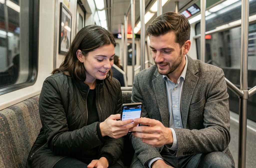 Deux collègues consultant une application de planification de transport en commun dans le métro