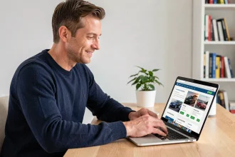 Homme comparant des offres d'assurance auto sur un site web depuis son bureau à domicile