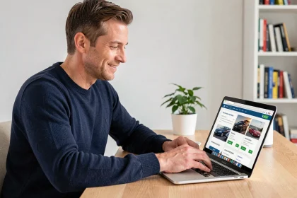 Homme comparant des offres d'assurance auto sur un site web depuis son bureau à domicile