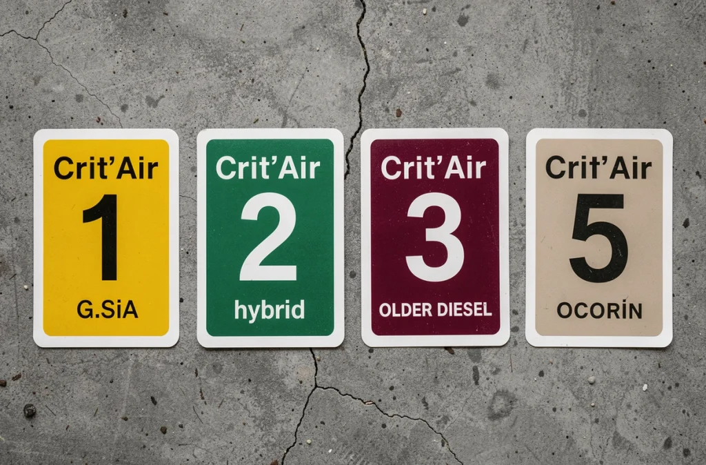 Comparaison de quatre vignettes Crit'Air de différentes classifications posées sur béton