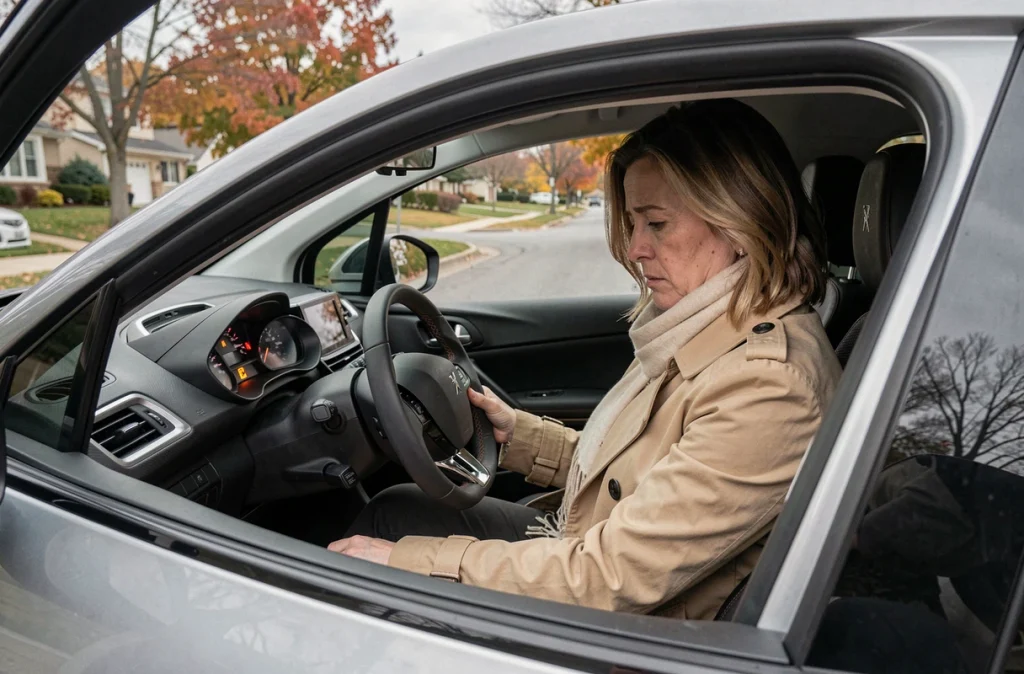 Conductrice inquiète face à un voyant allumé sur le tableau de bord de sa Peugeot 208