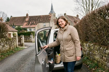 Femme souriante ouvrant la portière d'une voiture sur une route de village dans le cadre du covoiturage rural