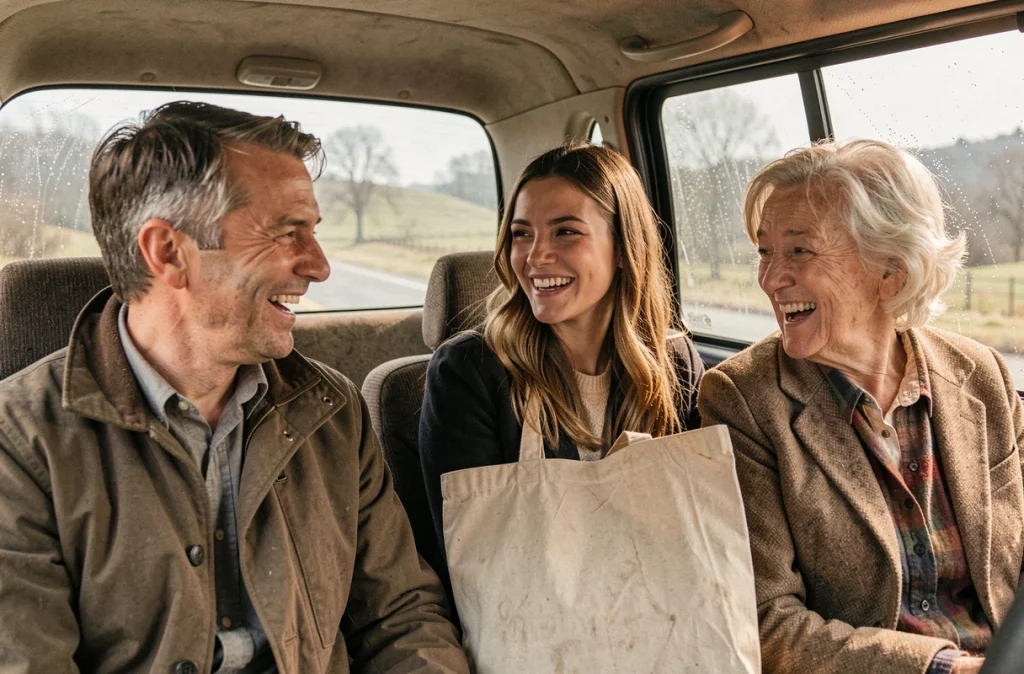 Trois adultes de milieux différents partagent un trajet en covoiturage solidaire à la campagne, favorisant le lien social et l'insertion en milieu rural