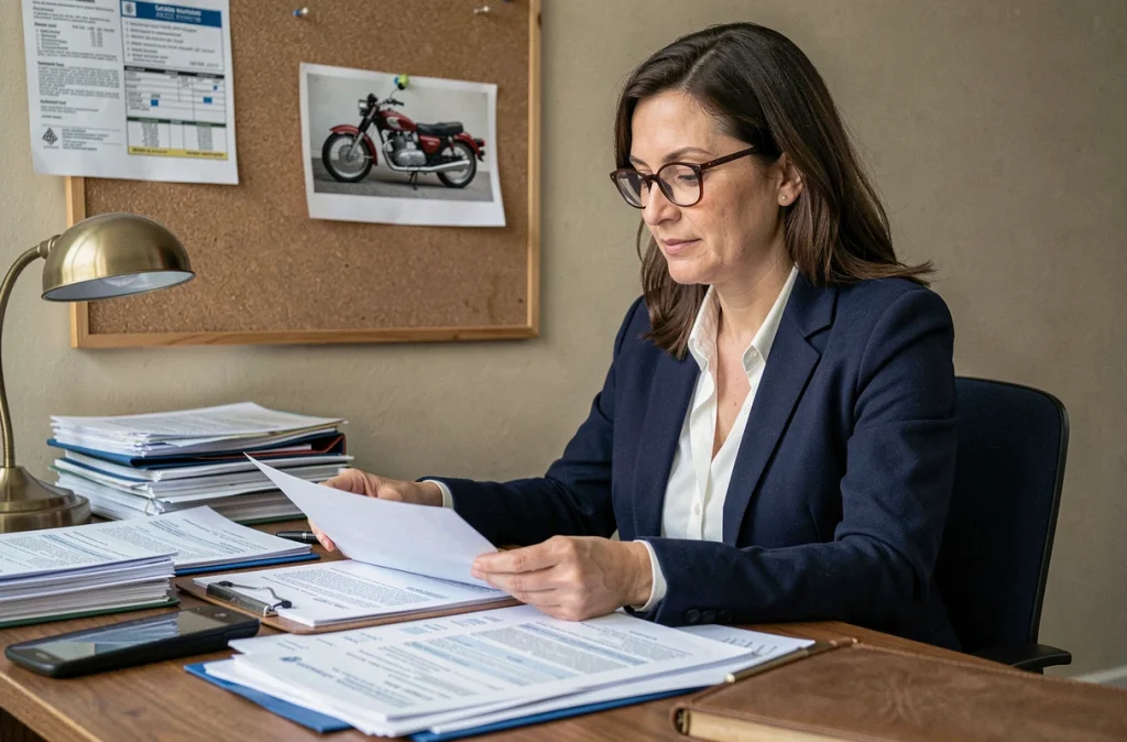 Femme examinant des documents administratifs pour l'homologation d'une moto ancienne