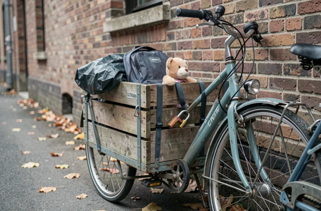 Détail du bac avant d'un vélo cargo garé contre un mur en brique avec accessoires du quotidien et jouet d'enfant