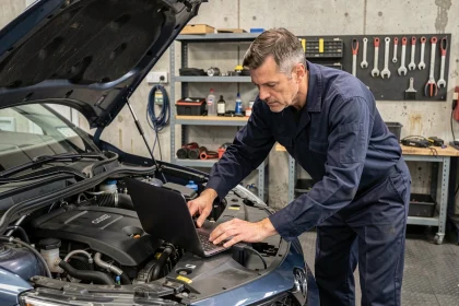 Technicien automobile connectant un outil de diagnostic OBD2 au moteur d'une voiture d'occasion dans un atelier professionnel