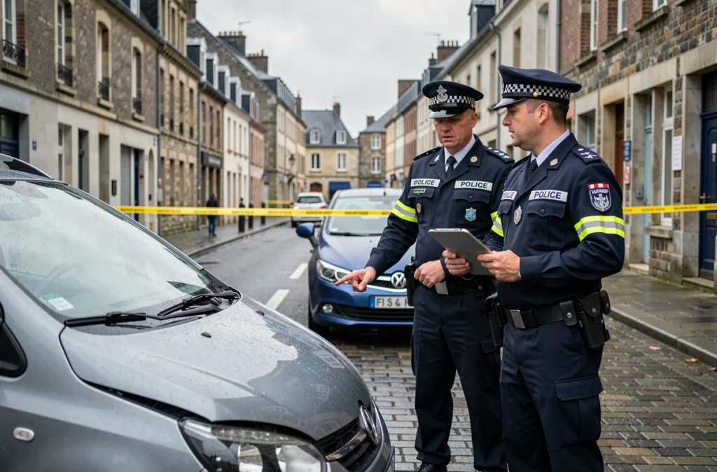 Policiers et gendarmes examinant les causes d'un accident de voiture à Rennes