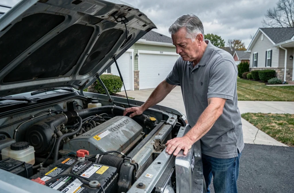 Acheteur potentiel examinant le moteur diesel d'un Toyota Land Cruiser 100 HDJ dans une allée résidentielle lors d'une inspection avant achat