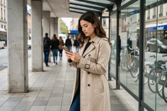 Jeune femme utilisant une application de mobilité urbaine sur son smartphone à un arrêt de bus en ville