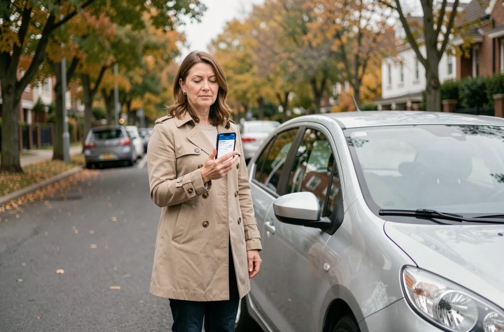 Femme consultant une offre d'assurance auto sur smartphone à côté de sa voiture dans une rue résidentielle