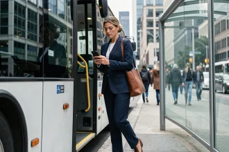 Une femme d'affaires monte dans un bus express urbain pendant l'heure de pointe du matin, smartphone en main