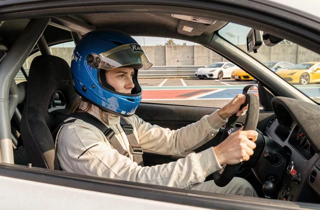 Femme pilote en stage de conduite sur circuit découvrant le rapport qualité-prix d'un stage pilotage