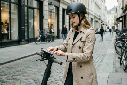 Jeune femme débloquant un scooter électrique partagé avec son smartphone dans une rue urbaine européenne