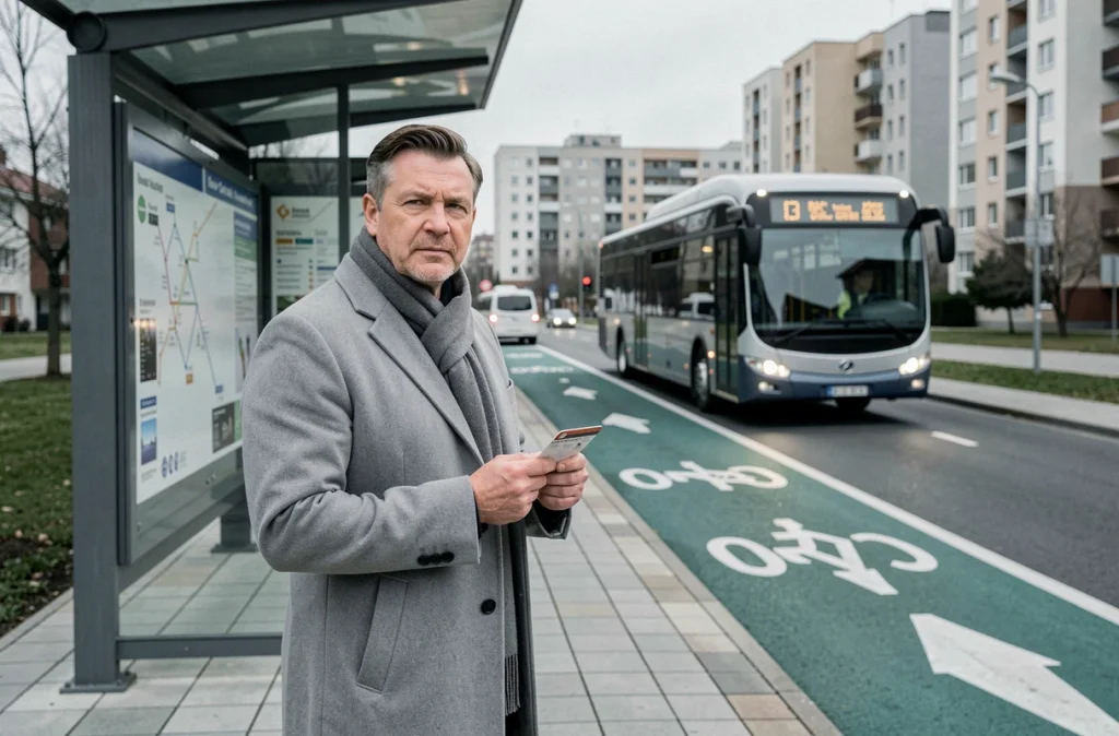 Un homme attend l'arrivée d'un bus express sur une voie dédiée en banlieue, carte de transport à la main