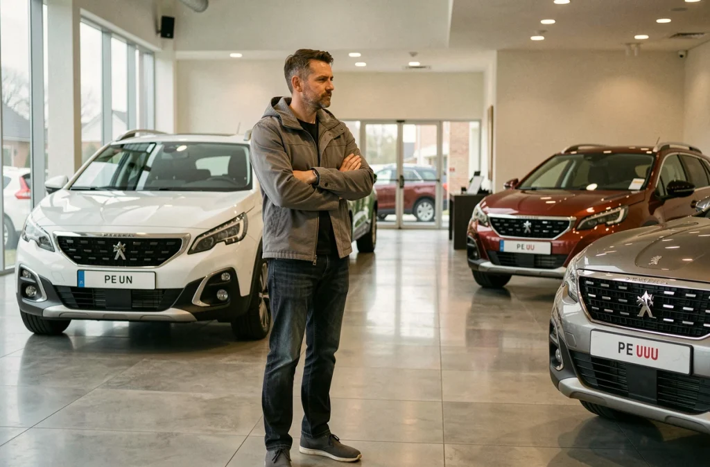 Homme réfléchissant au choix entre Peugeot 2008 et 3008 dans une concession automobile moderne