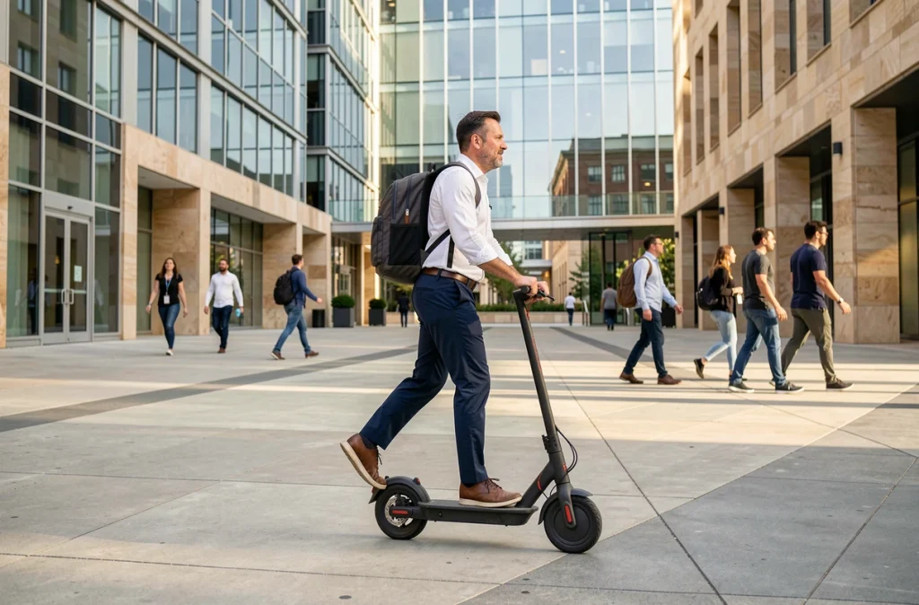 Homme d'affaires se déplaçant en scooter électrique partagé dans un quartier moderne pendant les heures de bureau