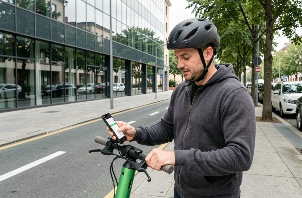 Homme déverrouillant une trottinette électrique en libre-service via une application mobile dans une rue urbaine