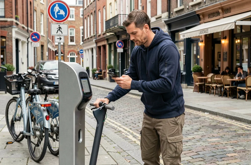 Homme utilisant une trottinette électrique en libre-service dans un quartier urbain, mobilité douce alternative à la voiture