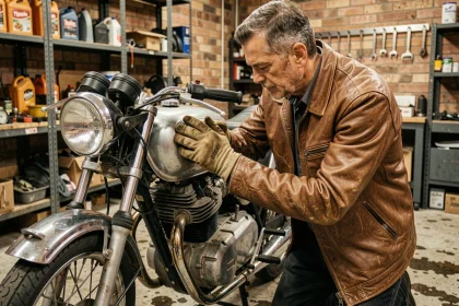 Mécanicien inspectant le moteur d'une moto ancienne dans un atelier pour préparer son homologation