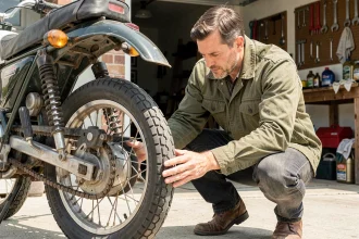 Motard inspectant le pneu arrière de sa moto avant un long road trip estival dans un garage résidentiel