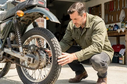 Motard inspectant le pneu arrière de sa moto avant un long road trip estival dans un garage résidentiel