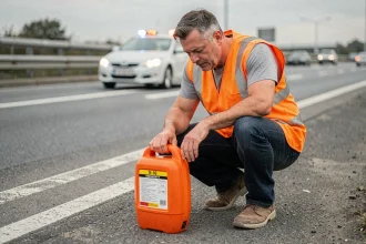 Homme en gilet de sécurité installant une balise lumineuse V-16 sur le bord d'une autoroute