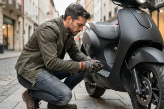 Homme installant discrètement un traceur GPS sous le carénage d'un scooter noir en milieu urbain