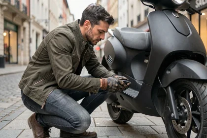 Homme installant discrètement un traceur GPS sous le carénage d'un scooter noir en milieu urbain