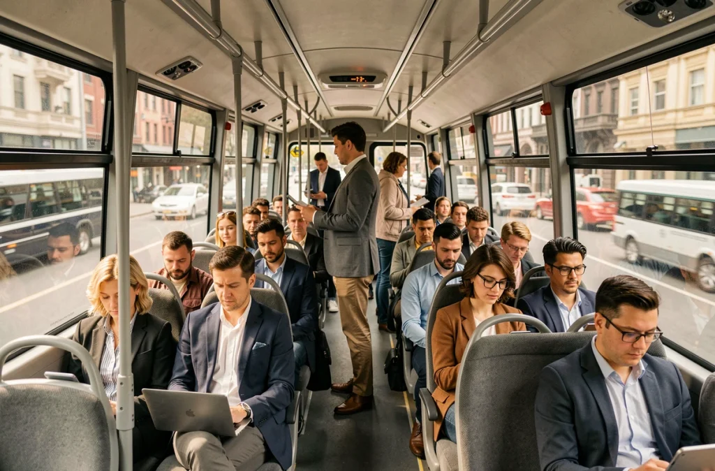L'intérieur d'un bus express bondé avec des passagers en tenue professionnelle pendant un trajet domicile-travail en semaine