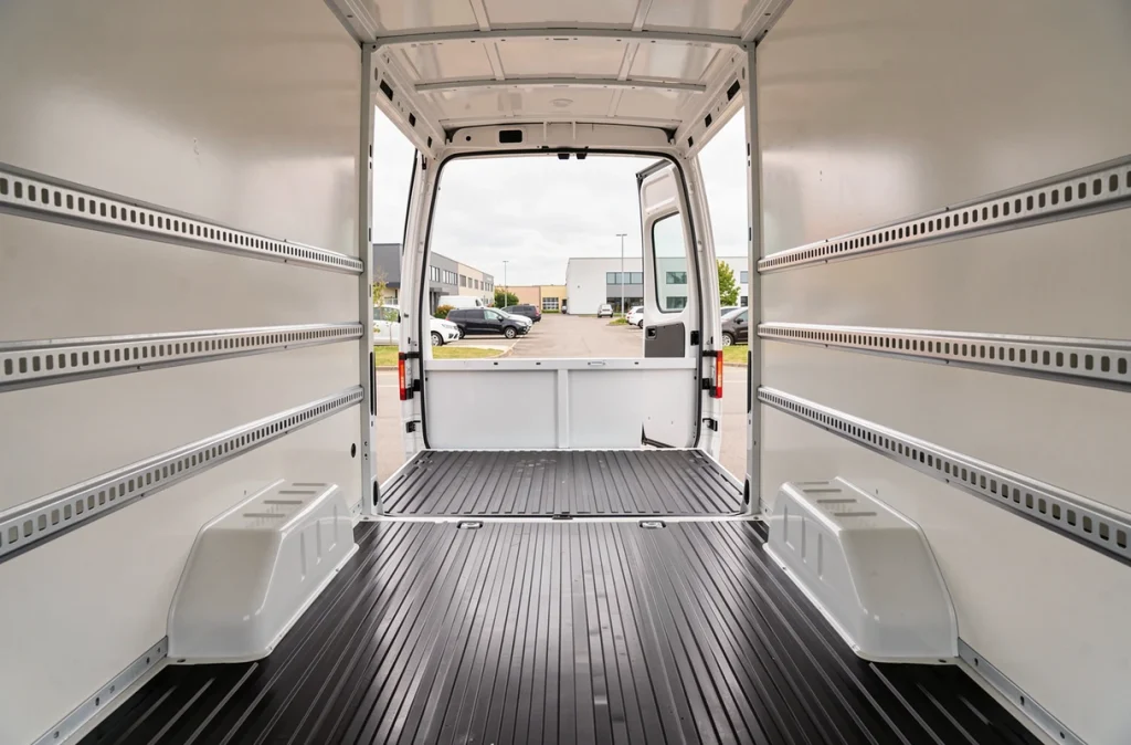 Intérieur du compartiment de chargement du Renault Master 11m3 vu depuis l'arrière avec les portes ouvertes