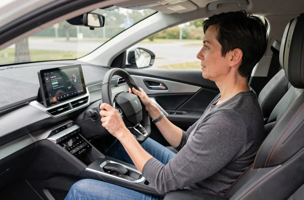 Intérieur du Peugeot 3008 avec tableau de bord numérique i-Cockpit et femme au volant en concession