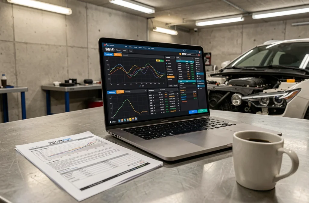 Écran d'ordinateur affichant un logiciel de cartographie moteur avec courbes de couple et données ECU sur un établi de garage