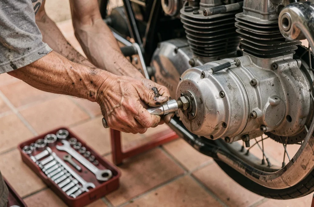 Gros plan sur des mains effectuant la maintenance du moteur d'une moto avec une clé dynamométrique avant un road trip
