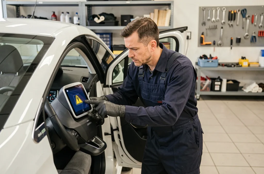 Mécanicien inspectant les voyants d'alerte du tableau de bord d'une Peugeot 208