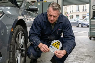 Mécanicien examinant une vignette Crit'Air sur le pare-brise d'un véhicule diesel dans un garage urbain