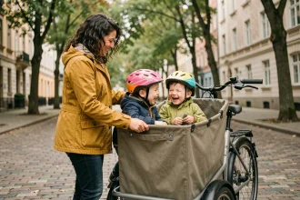 Mère attachant ses deux enfants dans le bac d'un vélo cargo électrique dans une rue urbaine pavée bordée d'arbres