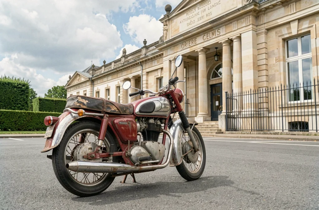 Moto ancienne des années 60 garée devant un bâtiment administratif pour son homologation officielle