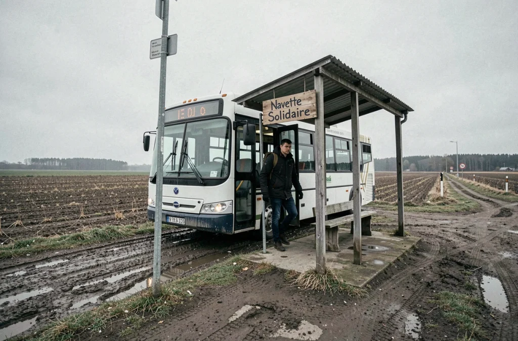 Un jeune homme descend d'une navette solidaire à un arrêt rural isolé entouré de champs agricoles, symbole de l'insertion sociale en zone rurale
