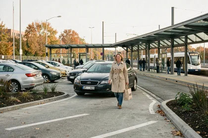 Femme se dirigeant depuis un parking relais vers un arrêt de tramway en ville