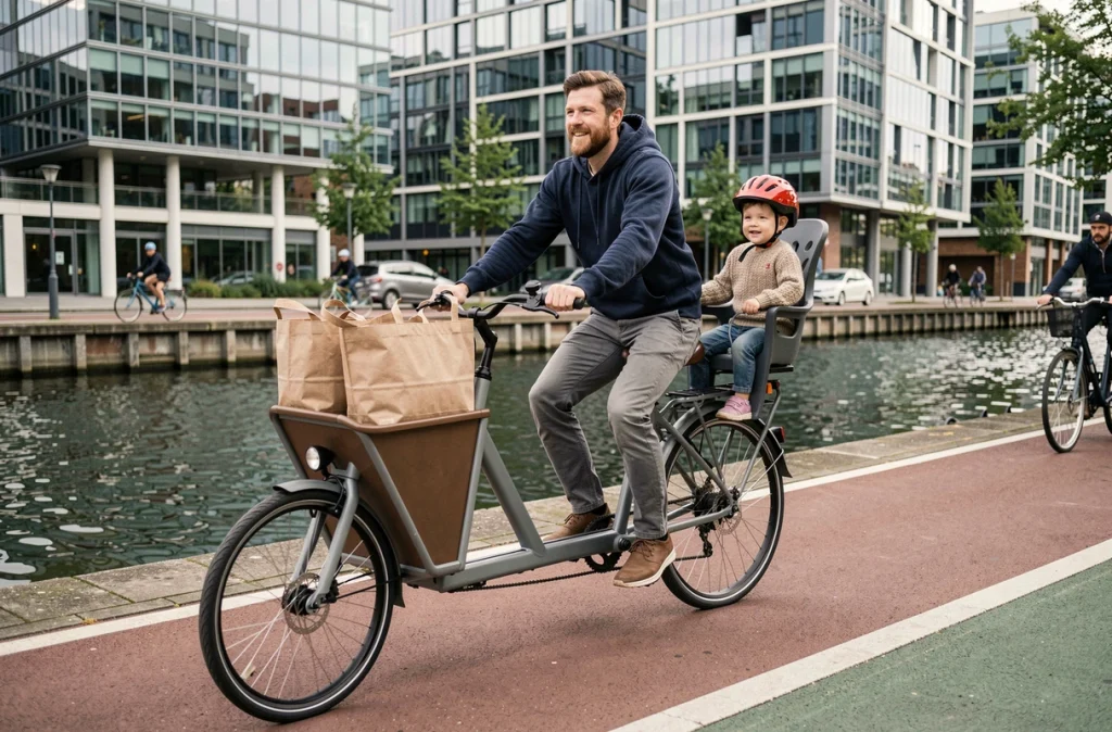 Père pédalant sur un vélo cargo long-tail avec son enfant le long d'une piste cyclable en bord de canal urbain