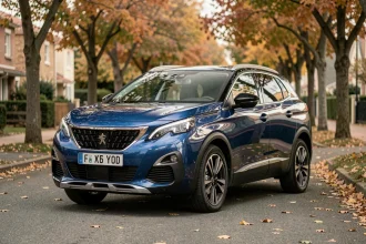 Peugeot 3008 SUV garé dans une rue arborée en France, vue extérieure 3/4 avant en couleur bleue métallique