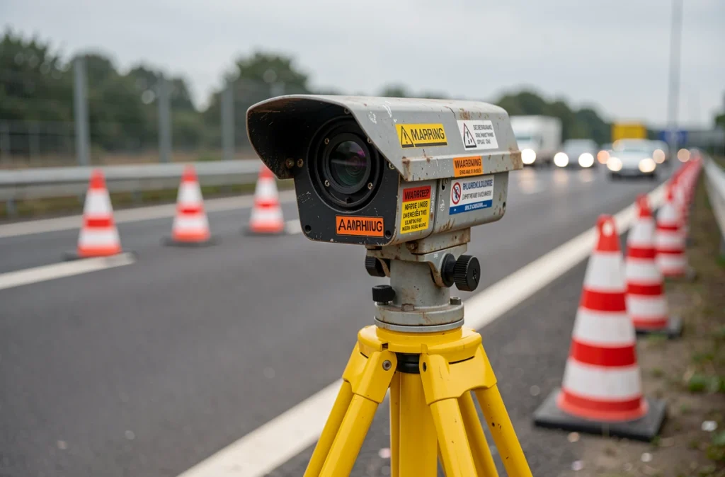 Radar de chantier mobile sur trépied jaune en bord d'autoroute dans une zone de travaux