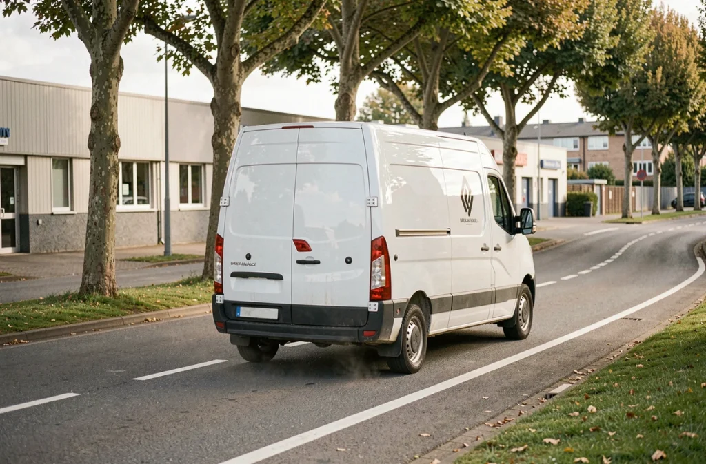 Renault Master 11m3 en route de livraison sur une route péri-urbaine photographié en angle arrière trois quarts