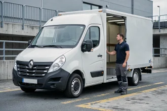 Renault Master 11m3 garé dans une zone logistique urbaine avec un chauffeur professionnel inspectant le volume de chargement