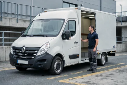 Renault Master 11m3 garé dans une zone logistique urbaine avec un chauffeur professionnel inspectant le volume de chargement