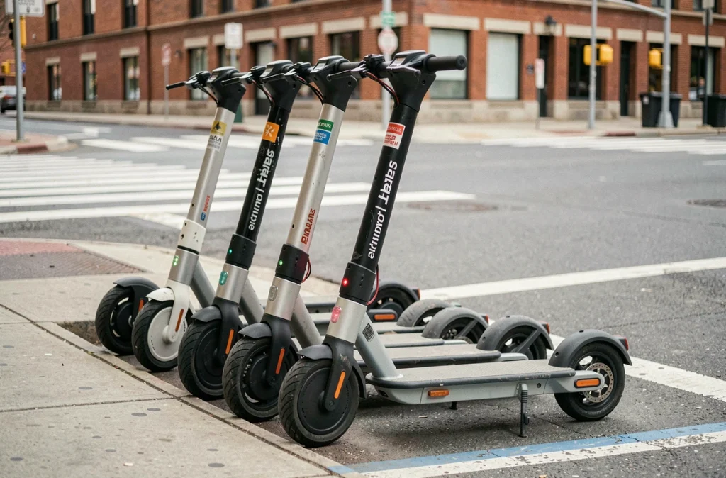 Rangée de scooters électriques partagés stationnés dans une zone dédiée sur un trottoir urbain